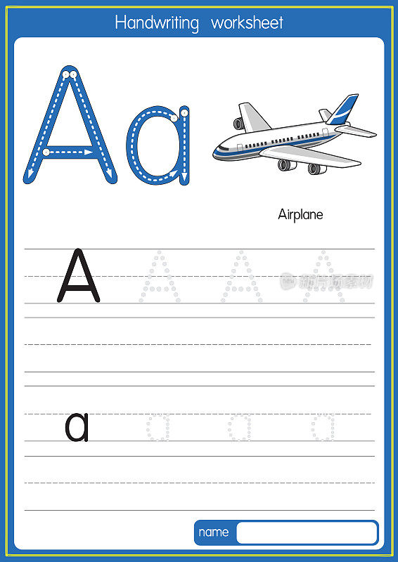矢量插图飞机与字母A大写字母或大写字母为儿童学习练习ABC