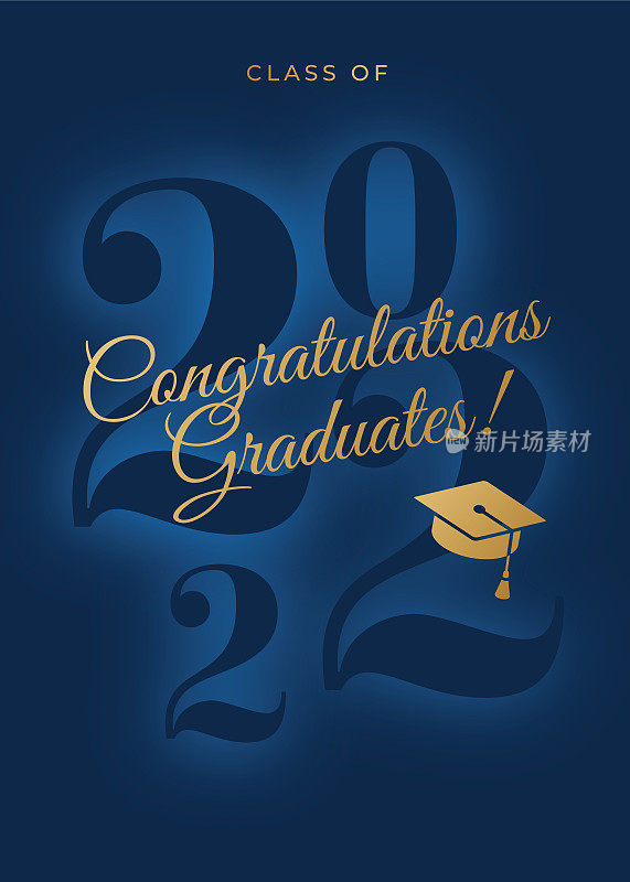2022届毕业生-祝贺毕业生卡。用于邀请、横幅、海报、明信片。矢量插图。