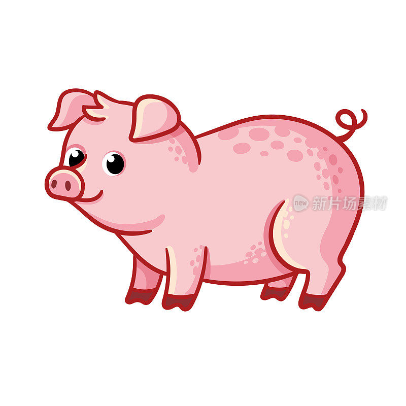可爱的粉色野猪站在白色的背景上。矢量插图与农场动物在卡通风格。