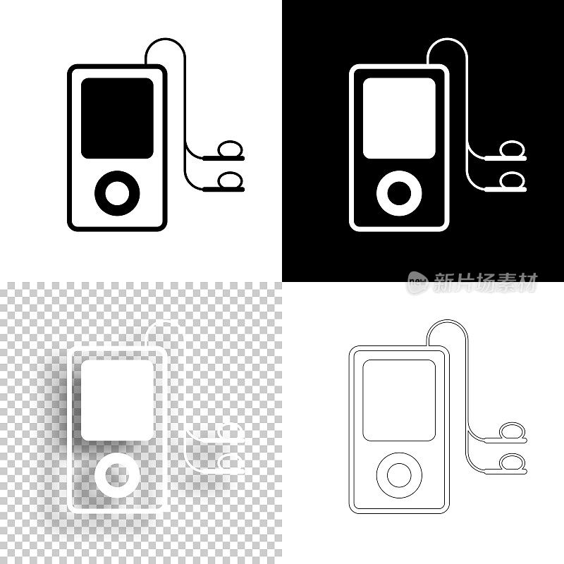带耳机的Mp3播放器。图标设计。空白，白色和黑色背景-线图标