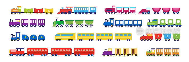白色背景上的一组玩具火车。向量卡通火车为孩子在平坦的风格。