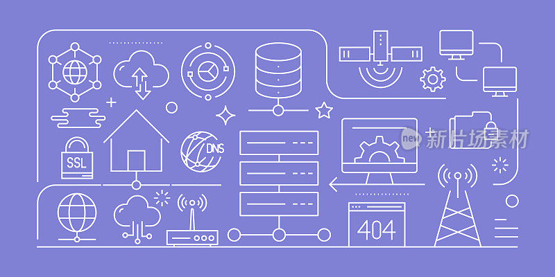 网络技术相关矢量横幅设计概念，现代线条风格与图标