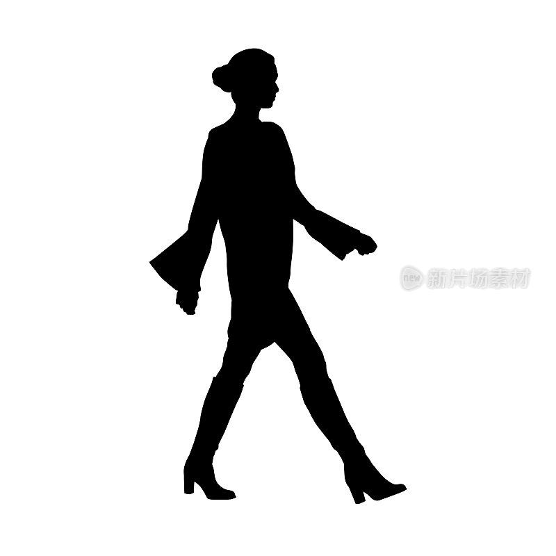 女人行走，侧视。孤立的矢量剪影。穿着正式服装的年轻女商人