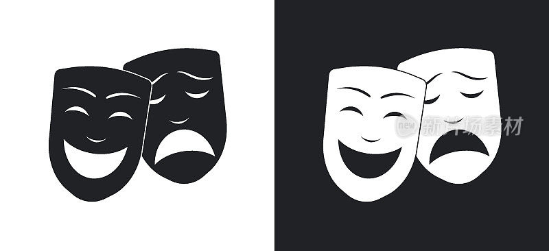 喜剧和悲剧剧场的面具设置。快乐和悲伤的面具。戏剧和喜剧符号