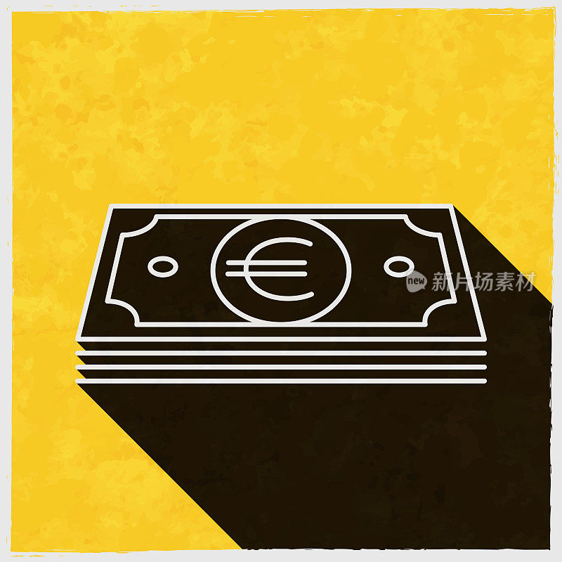 欧元纸币。图标与长阴影的纹理黄色背景