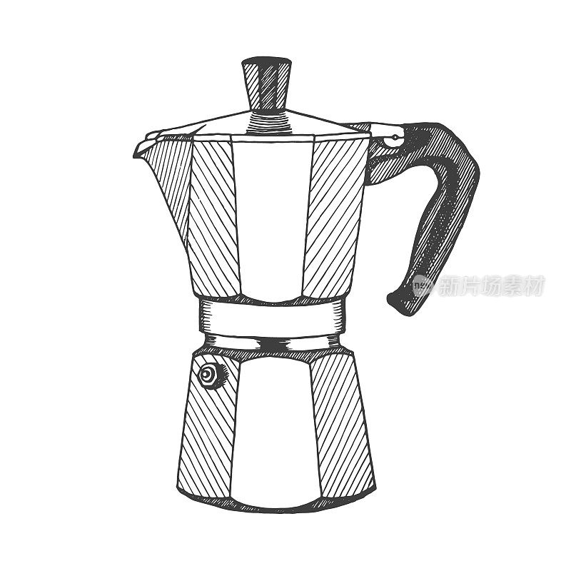 意大利咖啡机或摩卡壶，浓缩咖啡机。手绘插图。