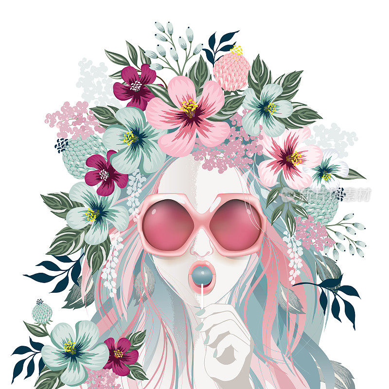 矢量插图的一个美丽的女孩戴头饰花和太阳镜。