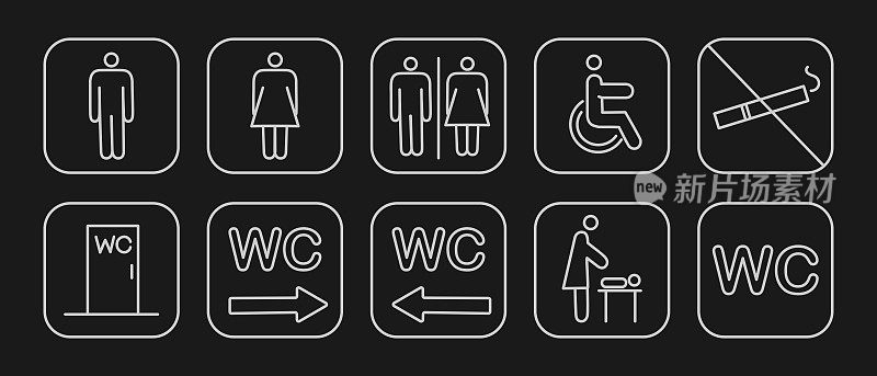 设置厕所导航图标。导航仪厕所女性男性残疾人和母亲和儿童房。矢量图