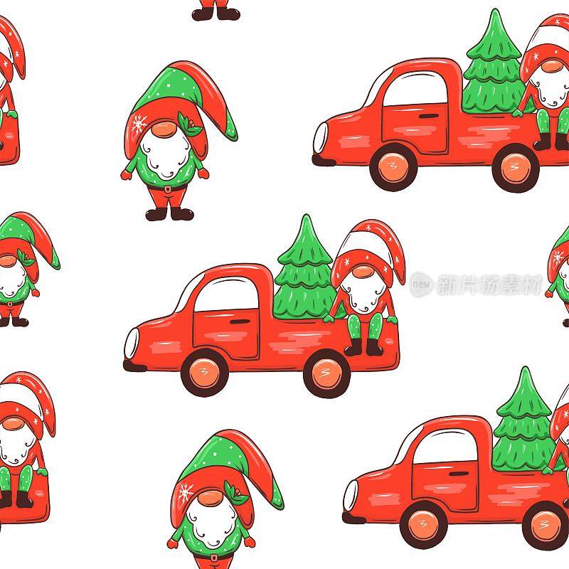 圣诞无缝图案与侏儒在卡车