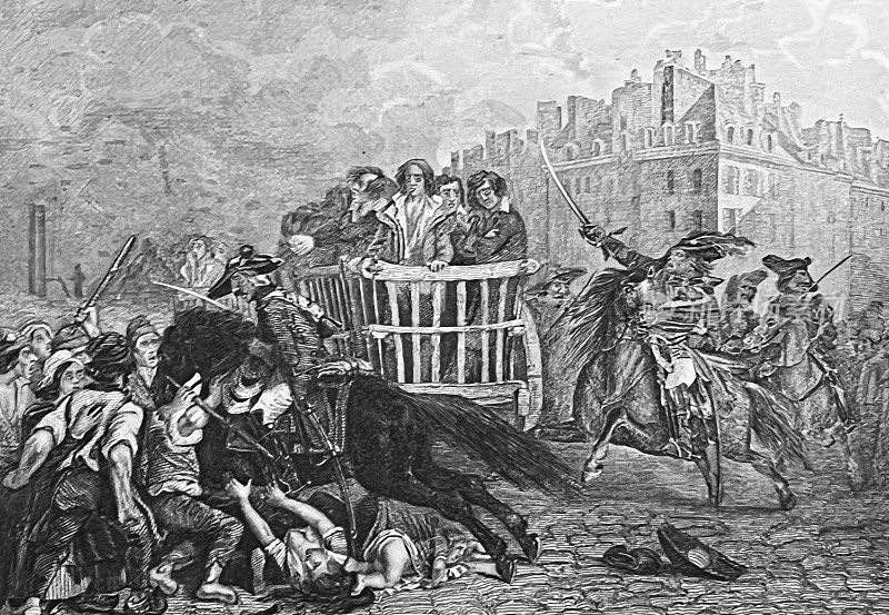 法国大革命时期的街头斗殴，犯人被推车带走
