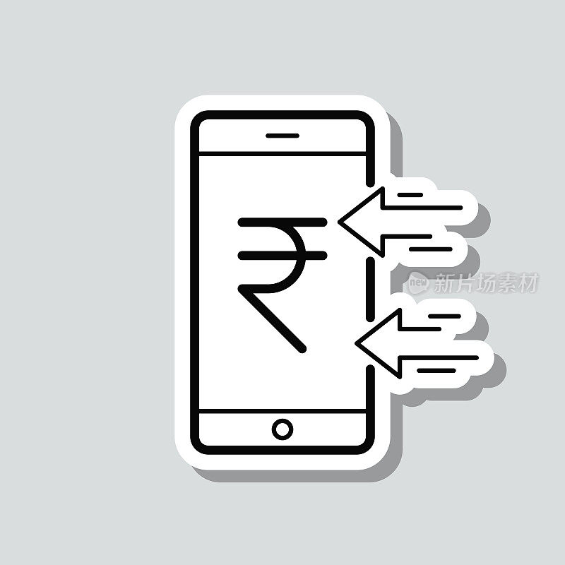 用智能手机接收印度卢比。图标贴纸在灰色背景