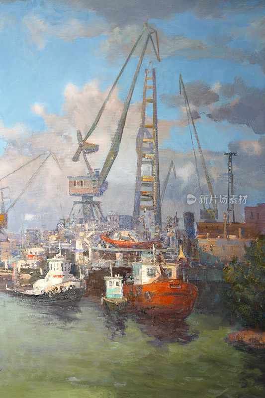 布面油画《货港中的船只和起重机》。