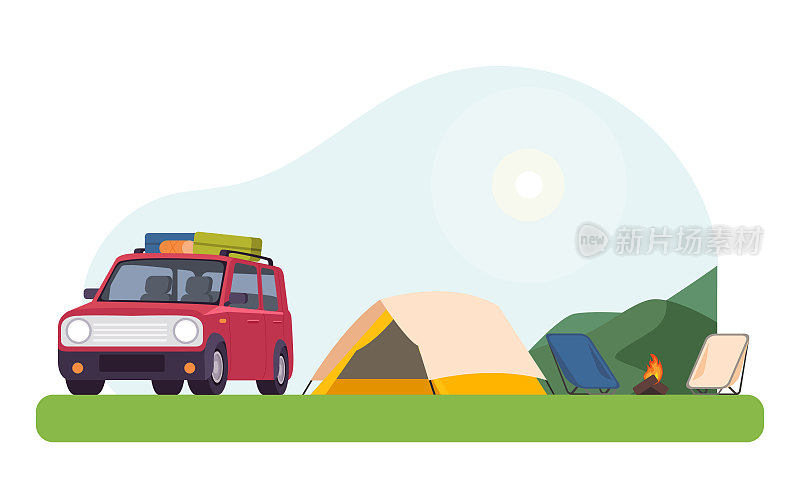 汽车，帐篷，营火和户外野餐设备安顿在森林旅行和露营冒险