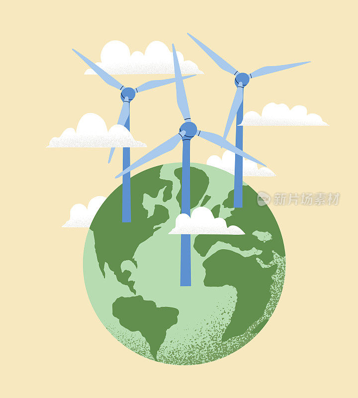 地球地球仪矢量图，风力发电厂。世界环境日的概念，拯救地球，可持续性，可再生风能。