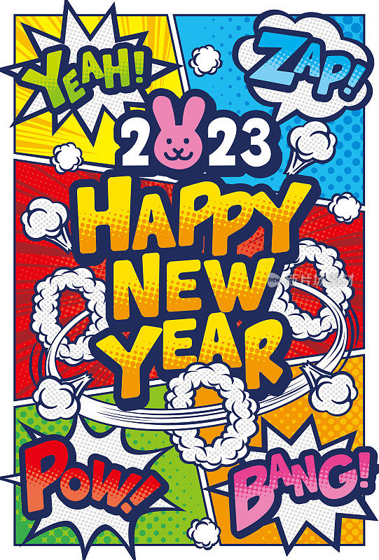 2023年兔年漫画艺术风格的新年贺卡材料
