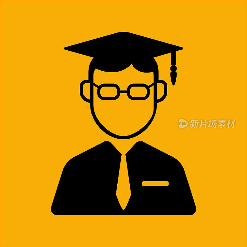 一个带毕业帽的学生的图标，在橙黄色的背景上。