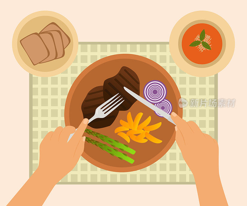 手与刀叉，肉盘，汤和面包的俯视图
