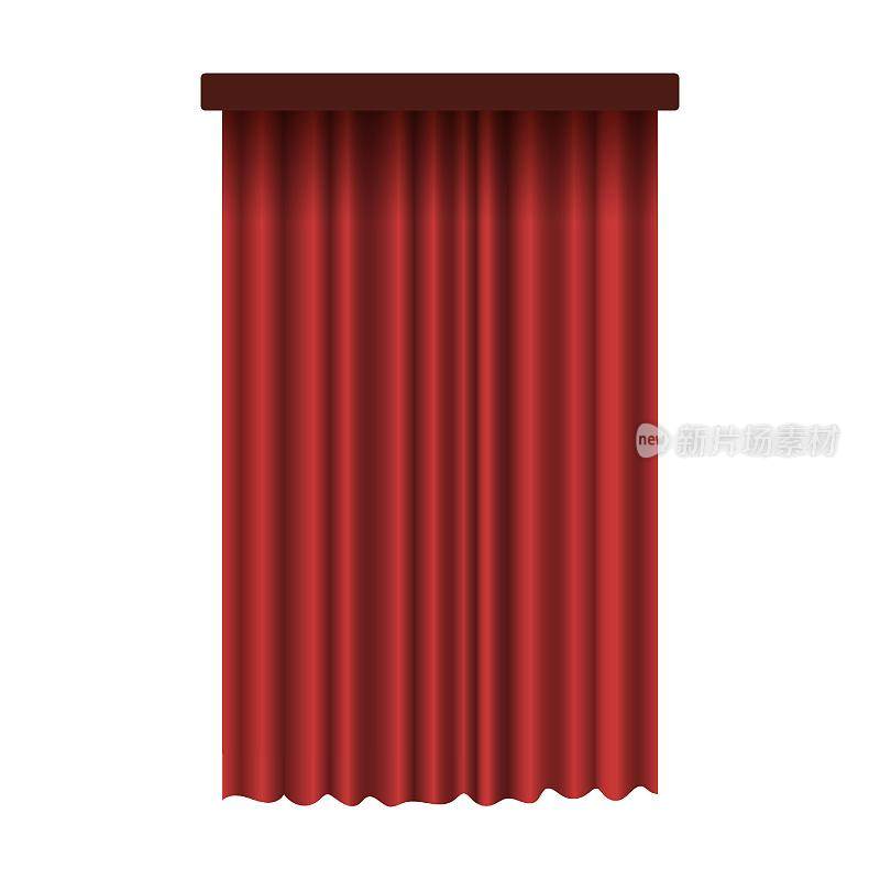 垂直灯芯绒窗帘制成的红色织物卡通矢量插画。豪华窗帘和舞台，电影或歌剧窗帘。婚礼封套装饰