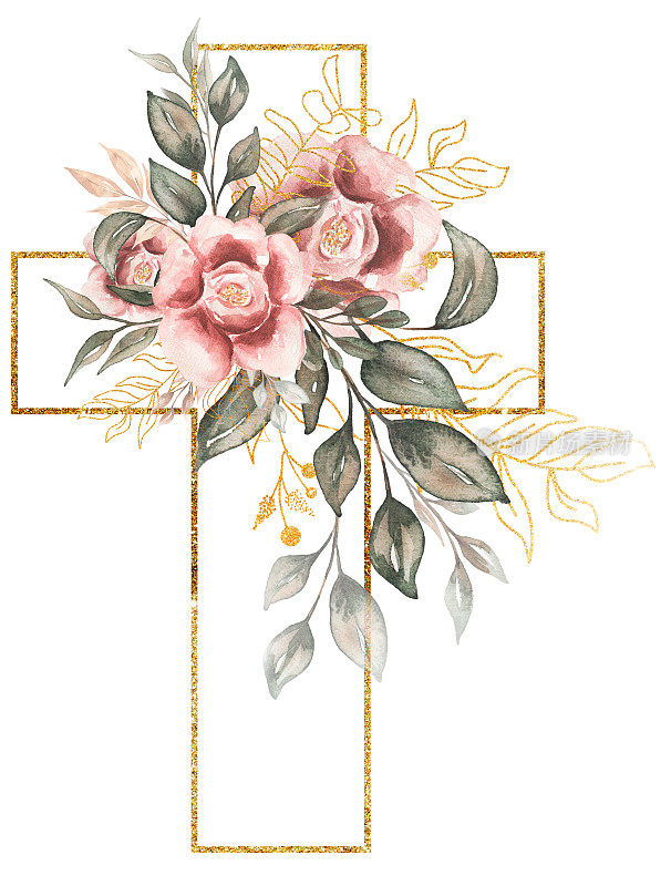 十字剪纸，水彩金色框架十字架与粉红色牡丹花和绿色花束，洗礼十字架夹艺术，婚礼邀请，圣灵，宗教插画，复活节