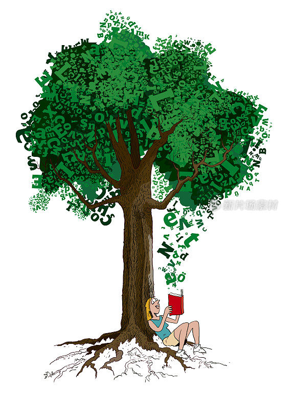 信落在一个正在树上读书的女人身上