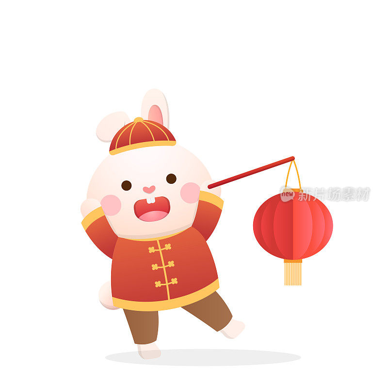 可爱的兔子角色或吉祥物与红灯笼，中国新年或元宵节或冬至，传统节日和文化在亚洲