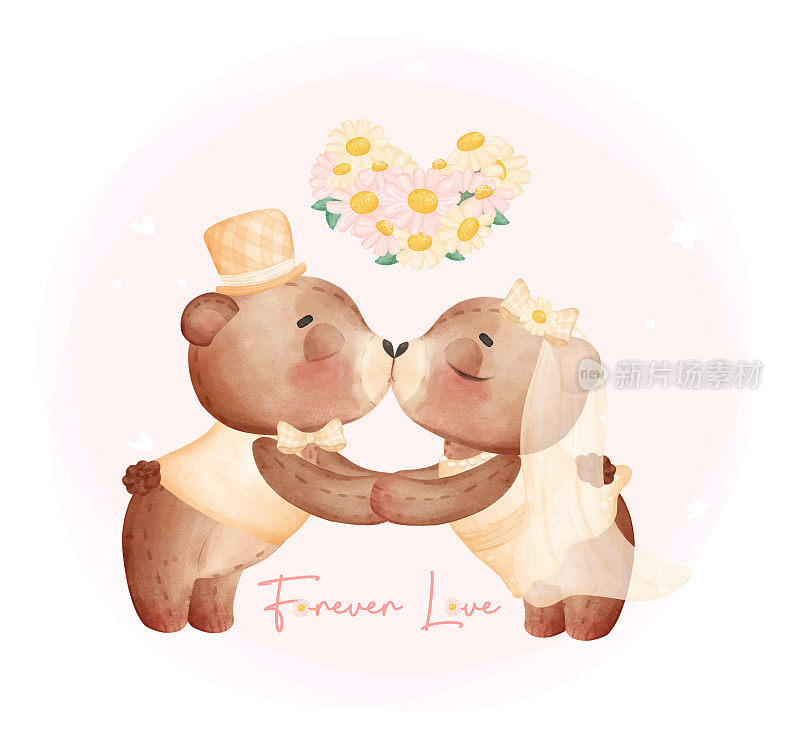 水彩画可爱的两对新人棕色泰迪熊在婚礼上新郎新娘正在亲吻，情人节卡通人物手绘插图矢量