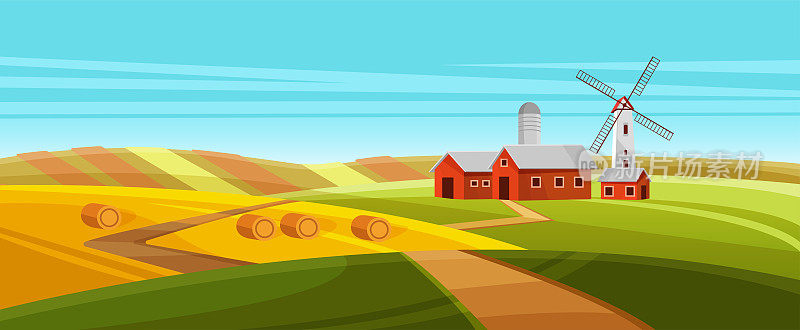 村庄景观中有风车的农舍，红色谷仓，筒仓塔和乡村道路