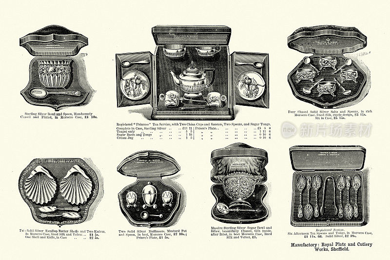 复古插画维多利亚茶具，餐具，谢菲尔德银器，1891年，19世纪