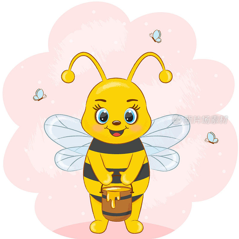 贺卡可爱的蜜蜂拿着一桶蜂蜜在她的手在粉红色的背景
