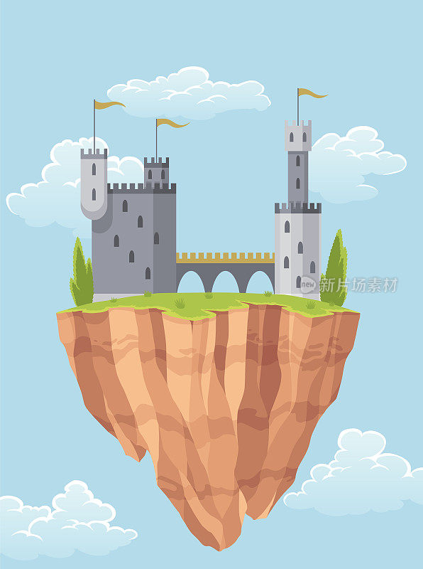飞行岛童话城堡。卡通幻想宫殿与塔，矢量中世纪堡垒或堡垒。童话王国的房子在天空中建造