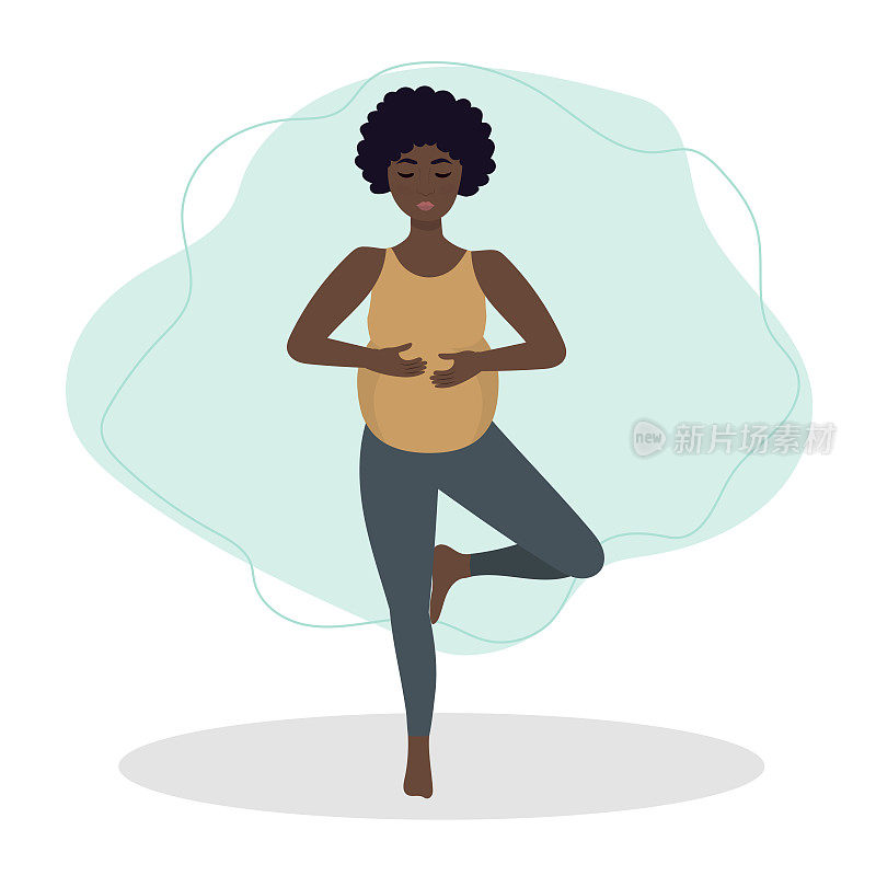 孕妇练习瑜伽。平面漫画风格的插图，健康生活方式，运动，锻炼的概念插图。