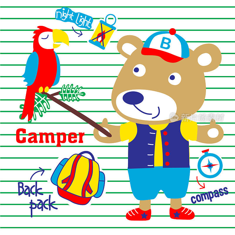 熊露营带鸟可爱卡通，矢量插图