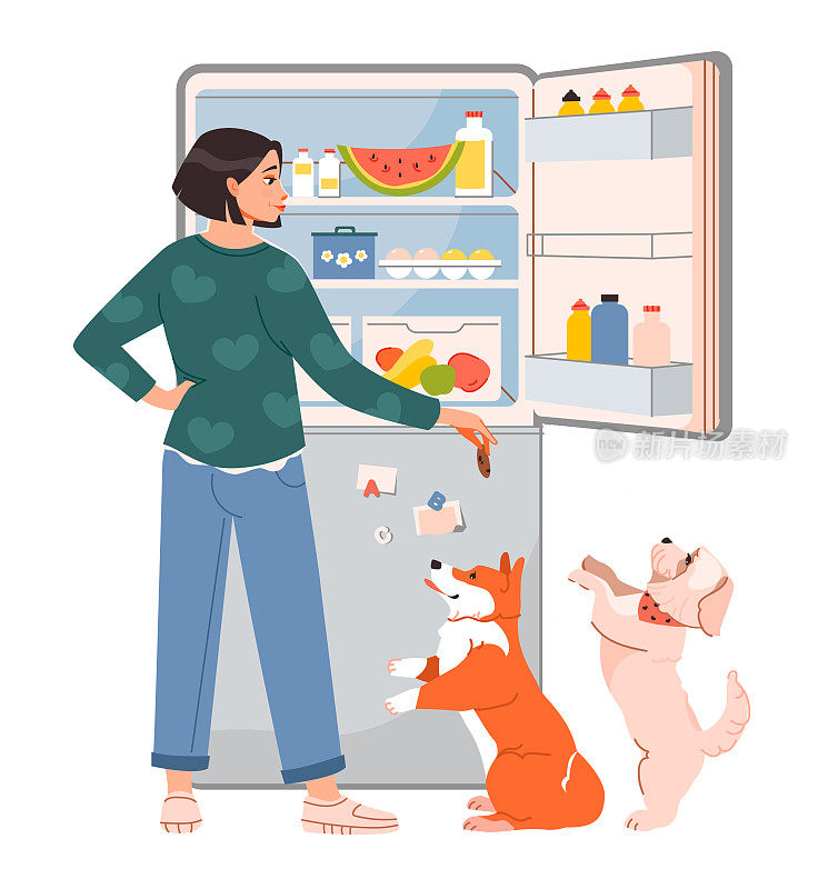 宠物的主人。女人打开冰箱，放上食物，喂宠物。饥饿的女人检查冰箱里的食物。给狗狗吃的。平面矢量图。