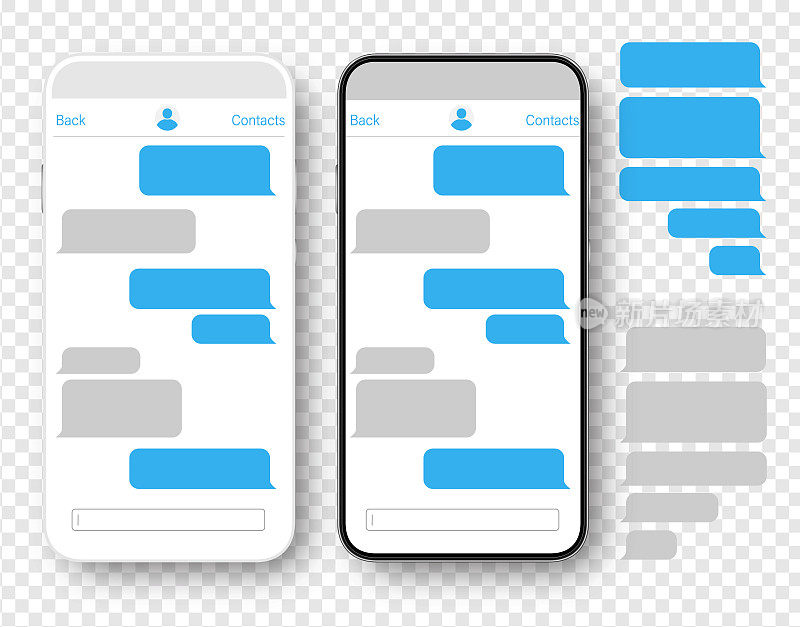 短信。智能手机，手机模板现实矢量插图。演讲泡沫。讨论