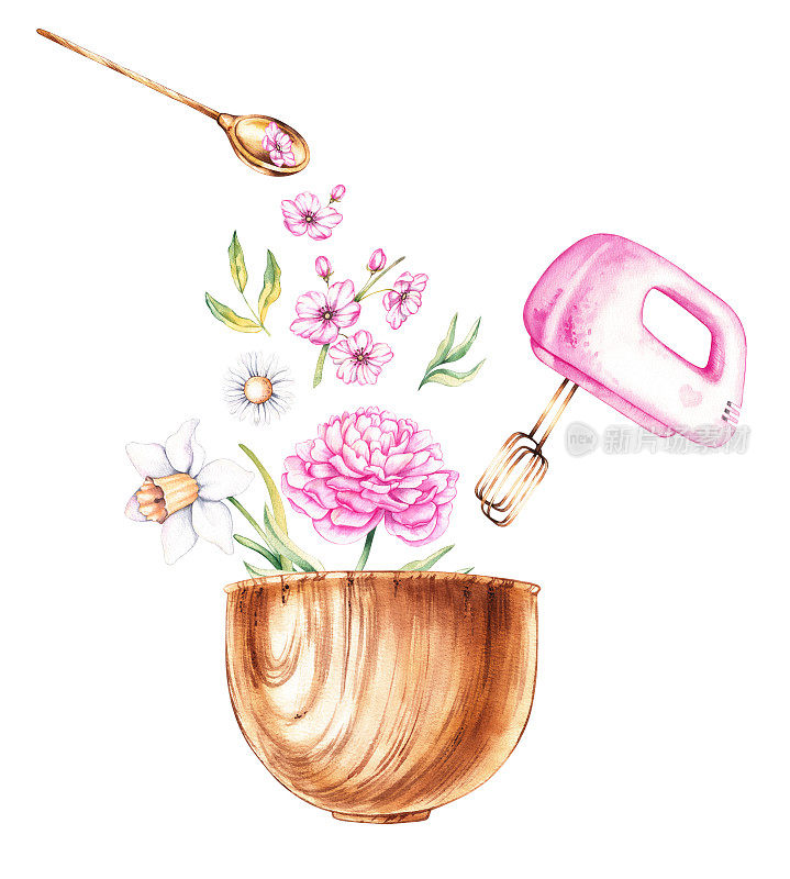 水彩画构图烘烤工具搅拌机杯和花在白色的背景
