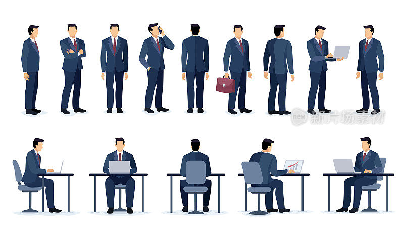 一套商人人物设计。不同的姿势设计。坐在办公桌前的商人。