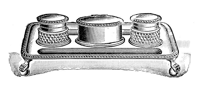 仿古图片来自英国杂志，银质产品:墨架，两瓶，威化盒