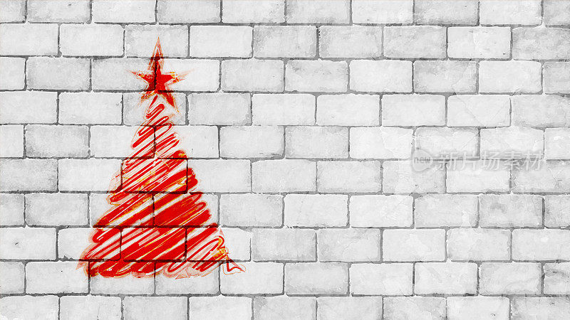 水平风化质朴粗糙灰白色砖墙纹理垃圾矢量背景与一个红色涂鸦画圣诞树和星星涂鸦