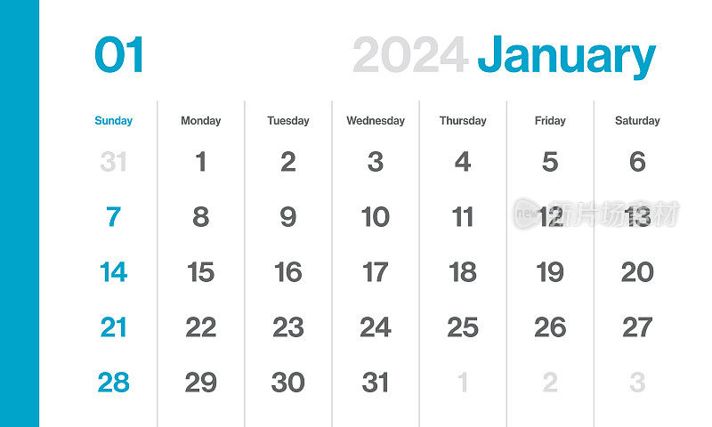 2024年1月-月历。极简风格的景观水平日历2024年。向量模板。一周从周日开始