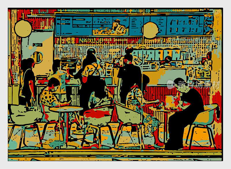 色彩艺术木刻风格咖啡馆店铺场景插画