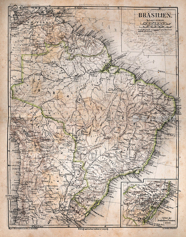 巴西古地图，德国殖民地细节，亚马逊河，德文文本，19世纪70年代