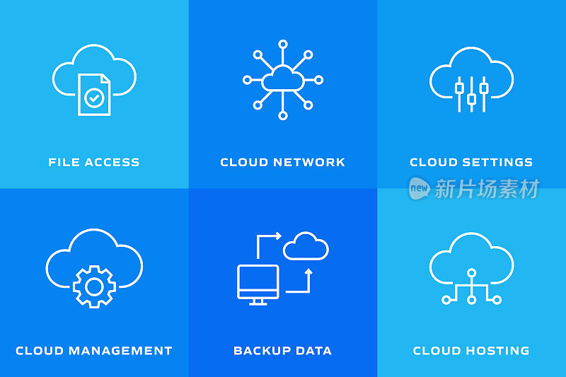 云技术相关的矢量细线图标。轮廓符号集合