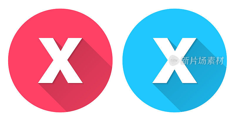 字母x。圆形图标与长阴影在红色或蓝色背景