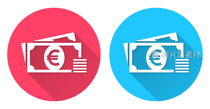 欧元――现金。圆形图标与长阴影在红色或蓝色的背景