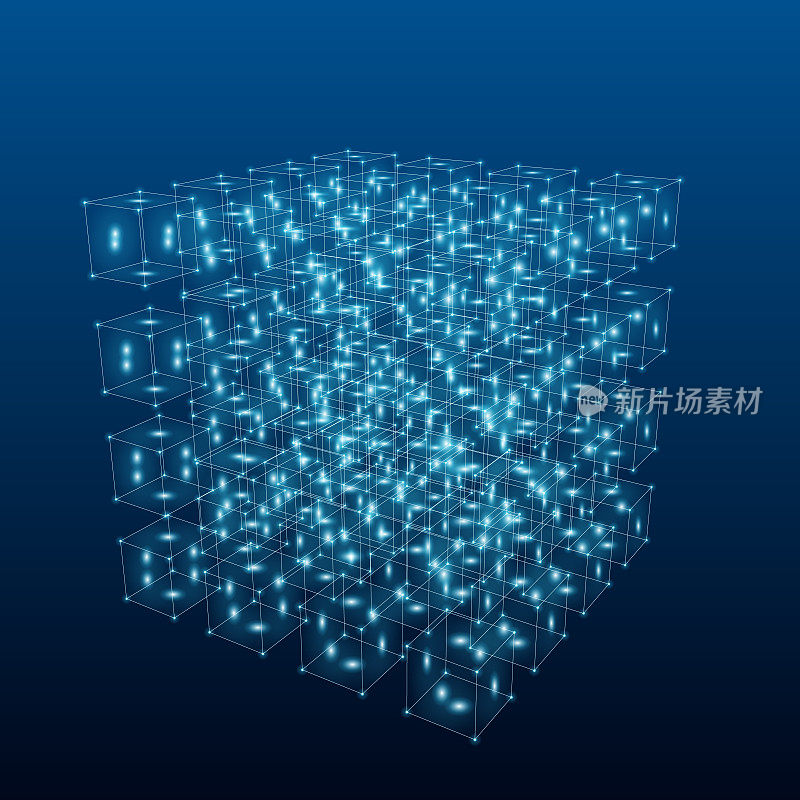 另一个宇宙，蓝色背景上发光立方体的3D数字网格。