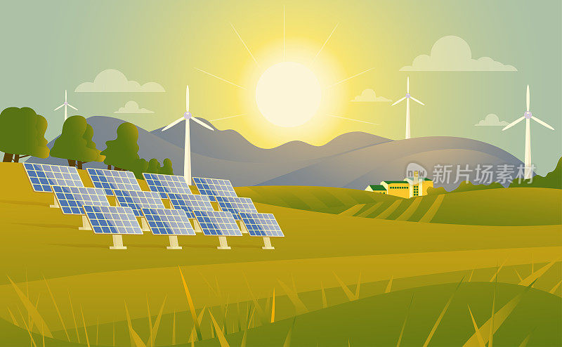 绿色可再生能源的概念。用太阳能电池板和风力涡轮机演示场景，展示清洁能源取代传统化石燃料的使用。