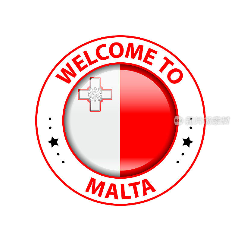 向量的邮票。欢迎来到马耳他。光滑的图标与国旗。封模板
