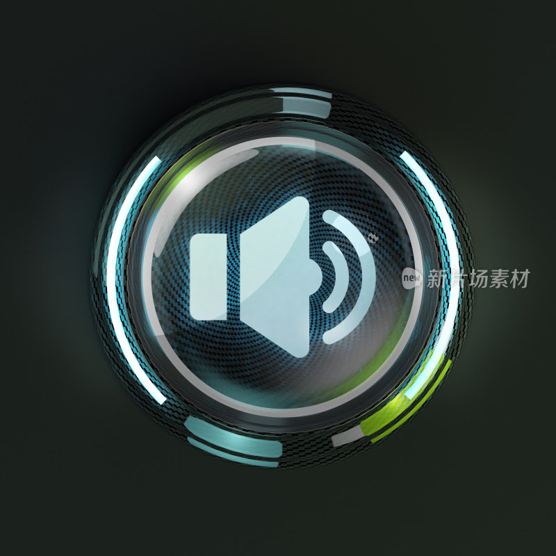 发光的3D声音扬声器按钮在黑暗的背景。