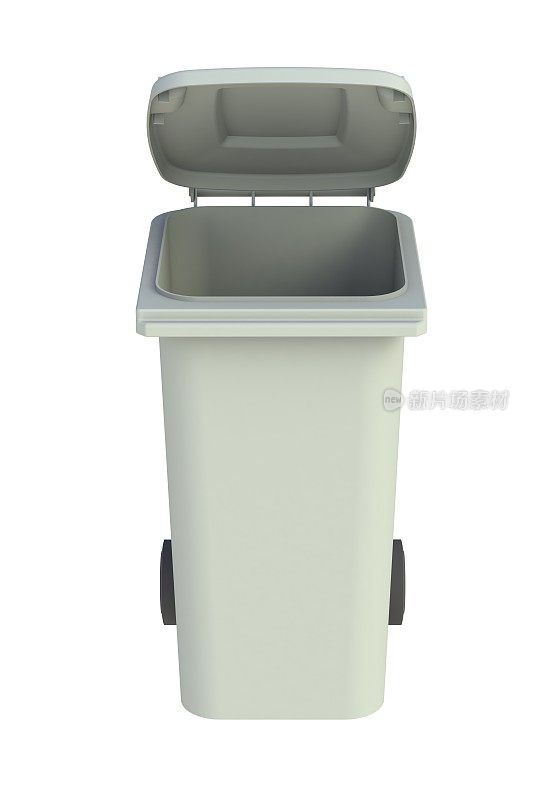 前视图的灰色垃圾桶与一个开放的盖子上的白色背景，3D渲染