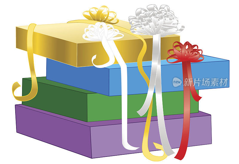 礼品包装-一堆没有包装的礼品盒，上面有不同颜色的丝带蝴蝶结。孤立的矢量插图上的白色背景。